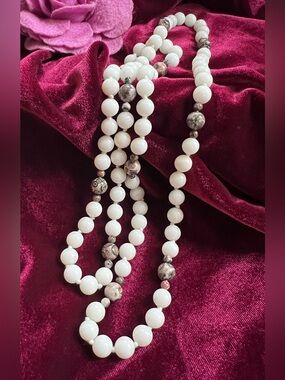 Natural White Jade Beaded 35”Necklace with Leopard Skin Jasper Vintage Gemstone